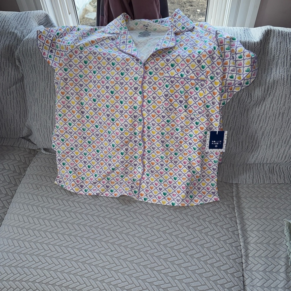 Roller Rabbit Multicolor Heart-Print Short-Sleeve Pajama Top - White Ground